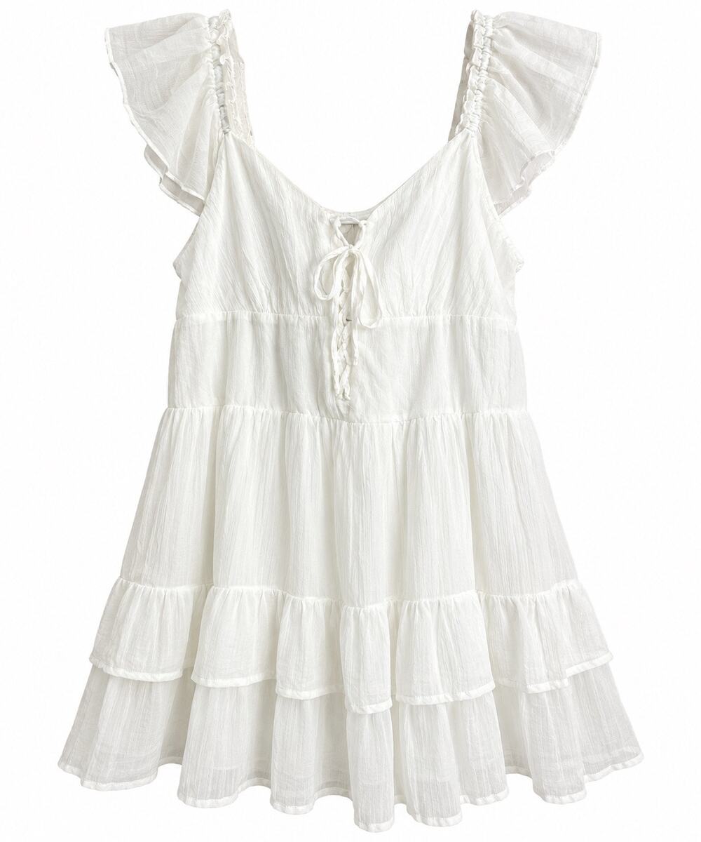 White Tiered Ruffle Mini Dress Flutter Sleeve Tie Front Women’s